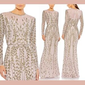 NWT Mac Duggal [ 6 ] 5644 Embellished Illusion High Neck‎ Long Sleeve Gown Mocha